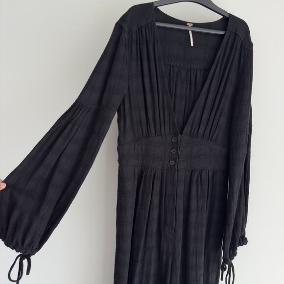 Free People Jumpsuit Small Linen Blend Wide Leg True Lovin One Piece V Neck Boho - Picture 3 of 11
